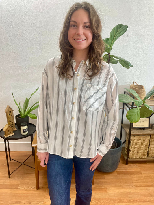 Ivory Stripe Collared Button Down - Terra Cottage