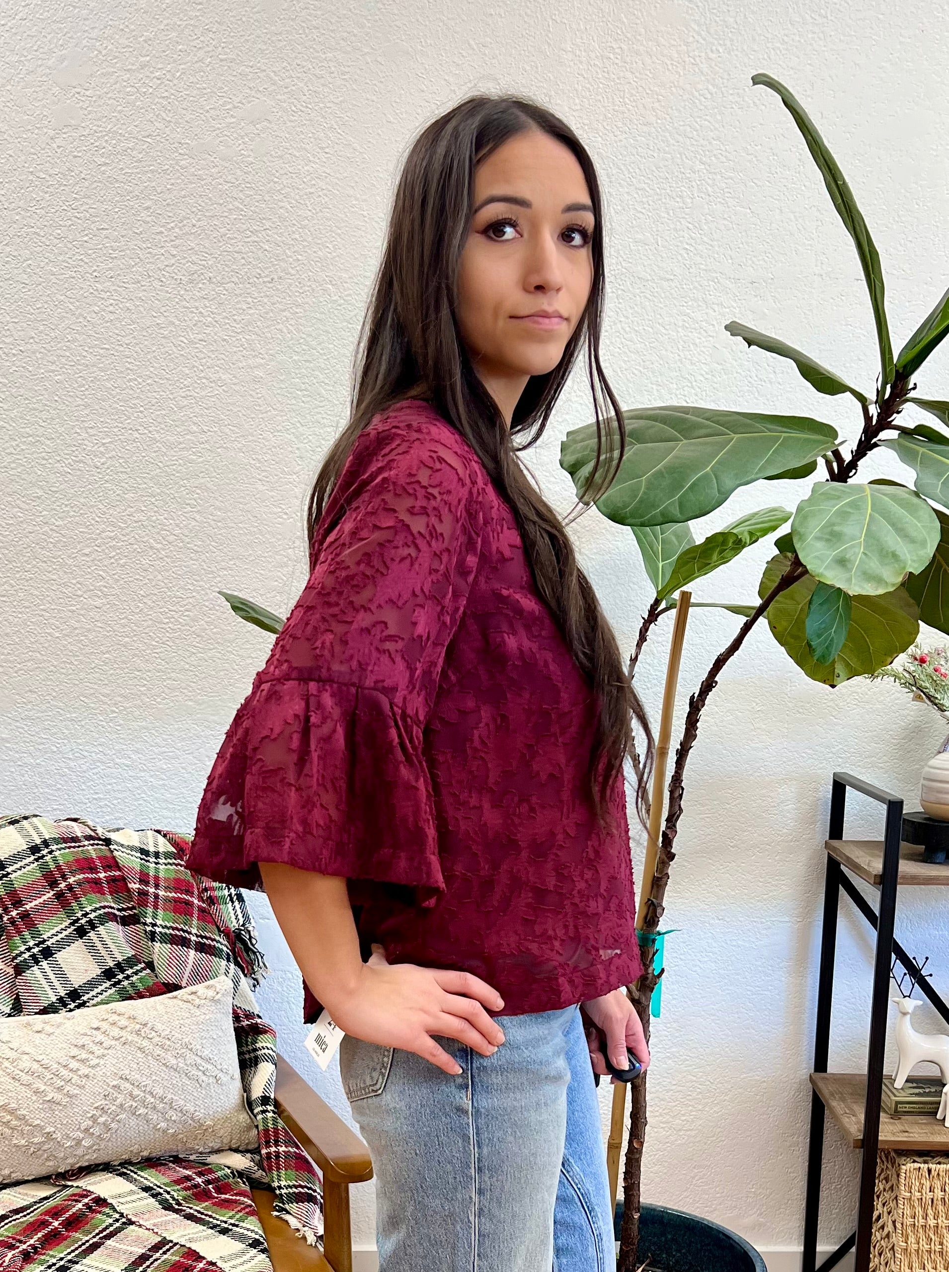 Burgundy Jacquard Bell Sleeve Blouse - Terra Cottage