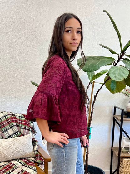 Burgundy Jacquard Bell Sleeve Blouse - Terra Cottage