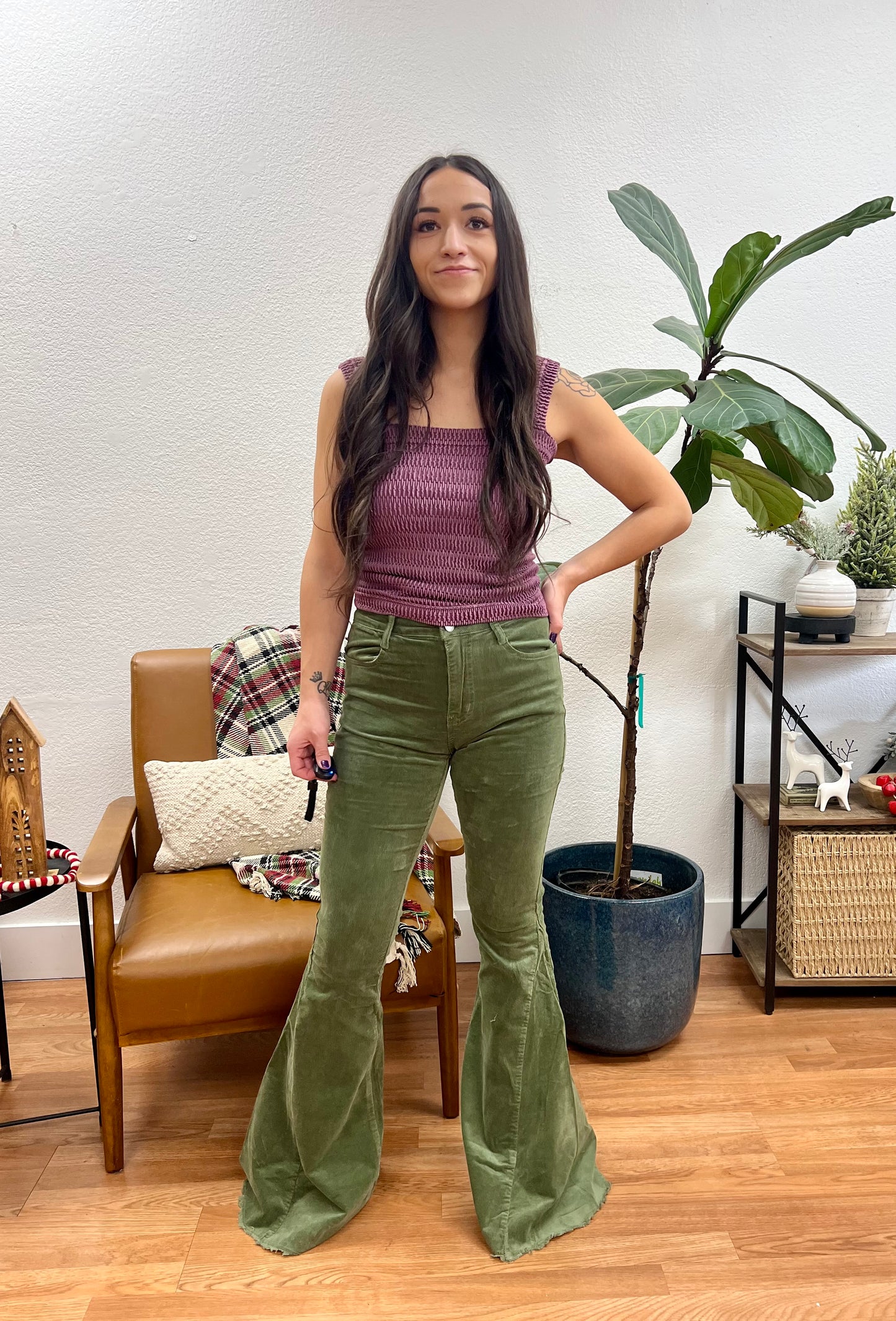 Olive Corduroy Flare Pants