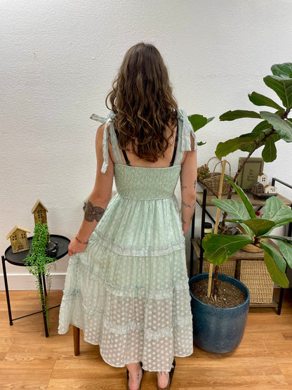 Mint Square Neck Ruffle Tiered Midi Dress