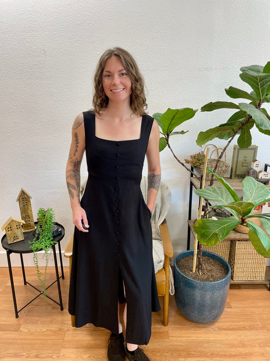 Black Button Front Square Neck Dress