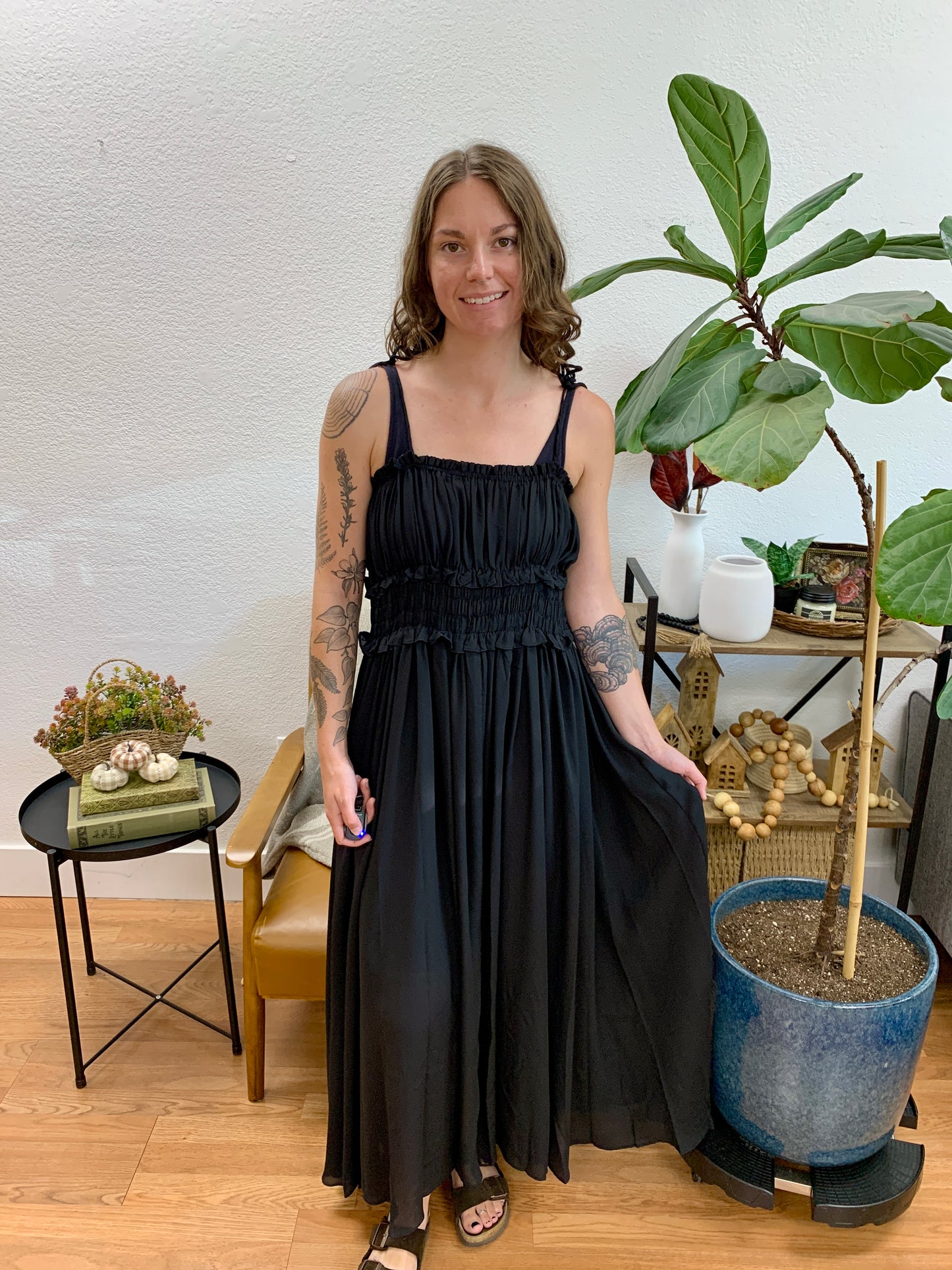 Black Square Neck Smock Maxi Dress