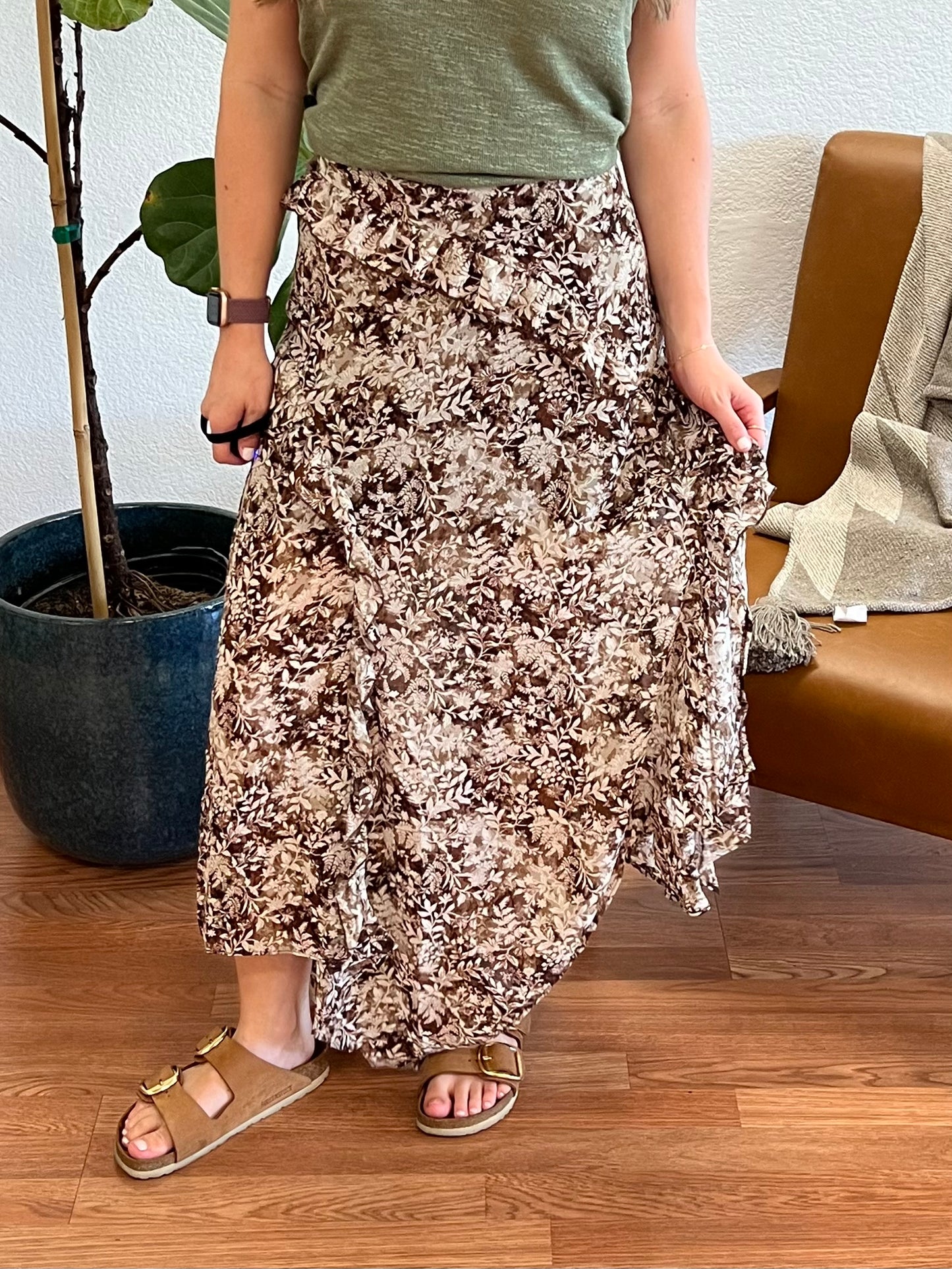 Brown Floral Wrap Handkerchief Midi Skirt