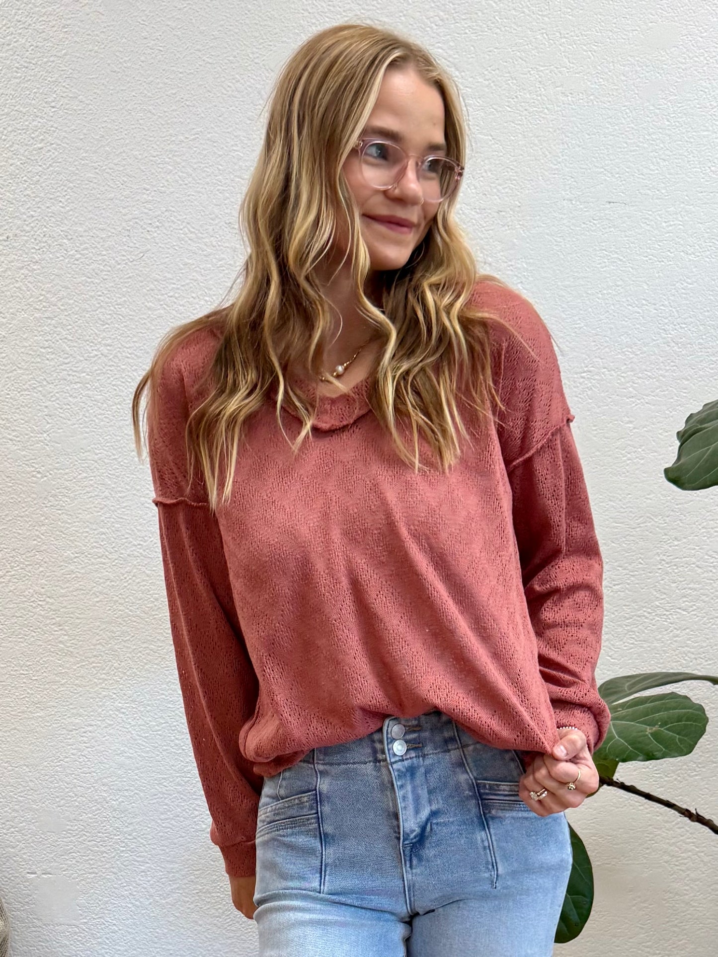 Marsala Long Sleeve Solid Knit Top