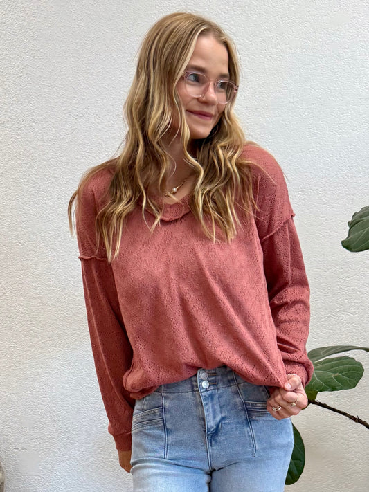 Marsala Long Sleeve Solid Knit Top