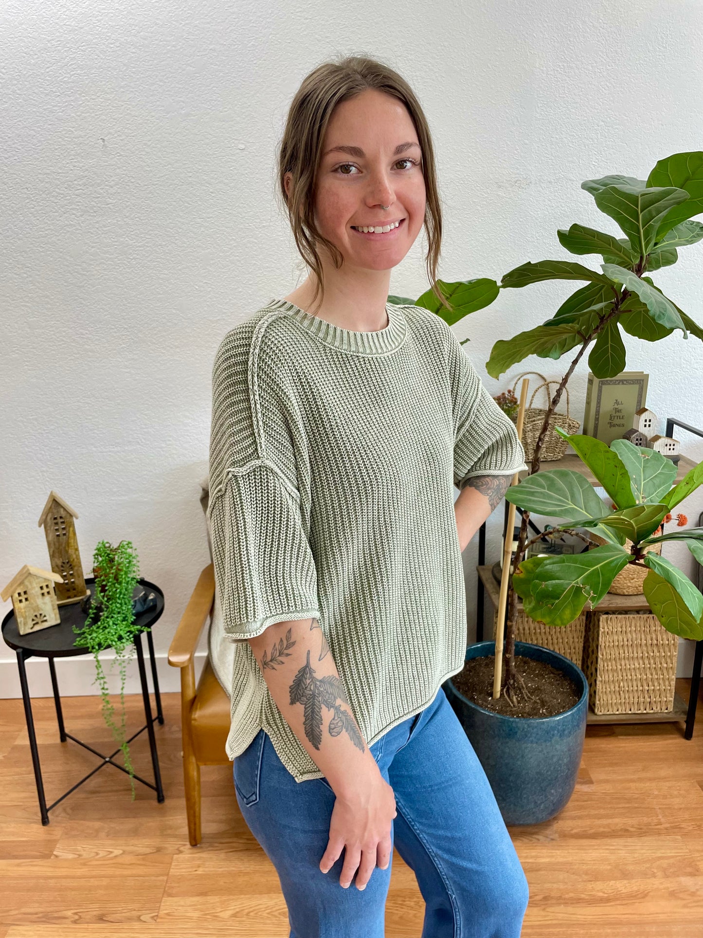 Sage Washed Raw Edge Knit Top