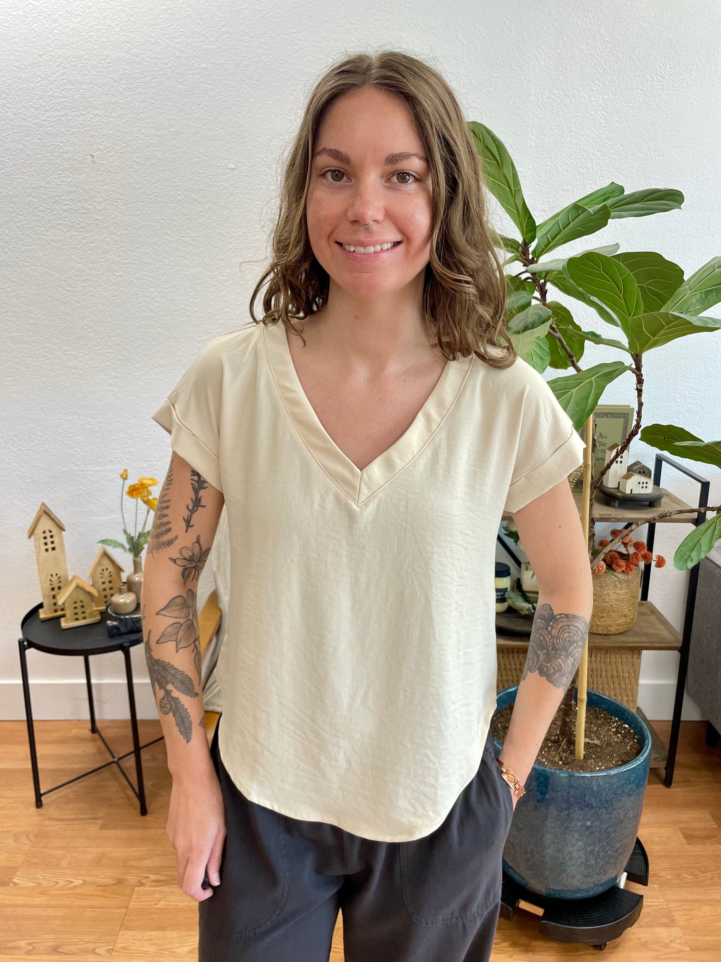 Light Beige V-Neck Pintuck Top