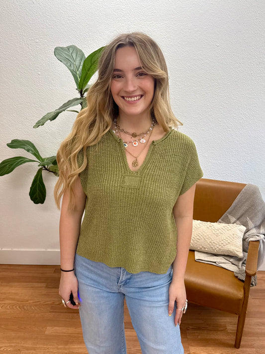 Light Olive Split Neck Knit Pullover
