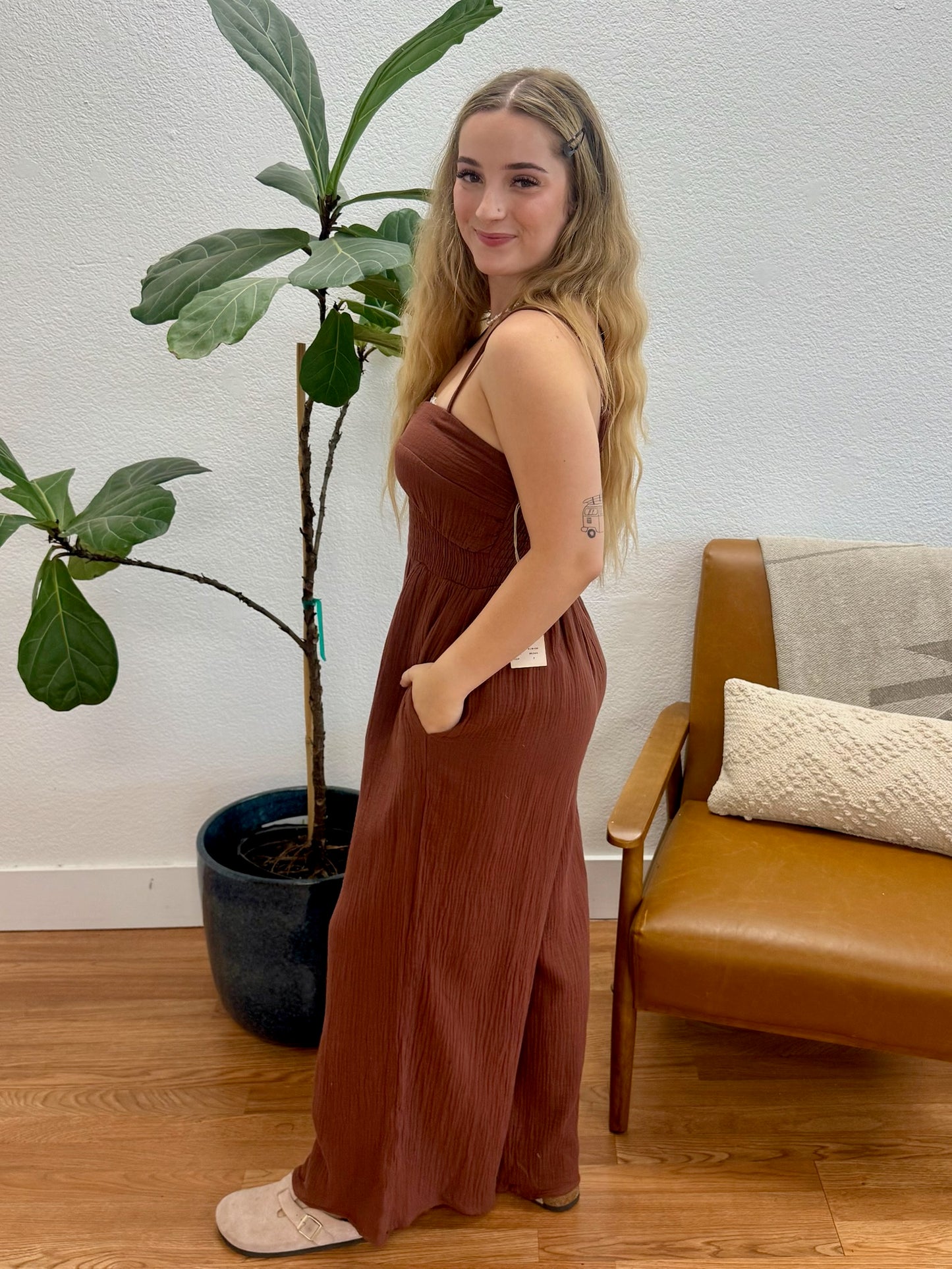 Brown Cotton Smocked Jumpsuit