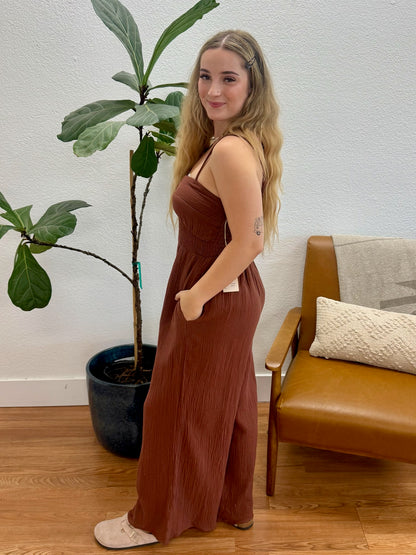 Brown Cotton Smocked Jumpsuit