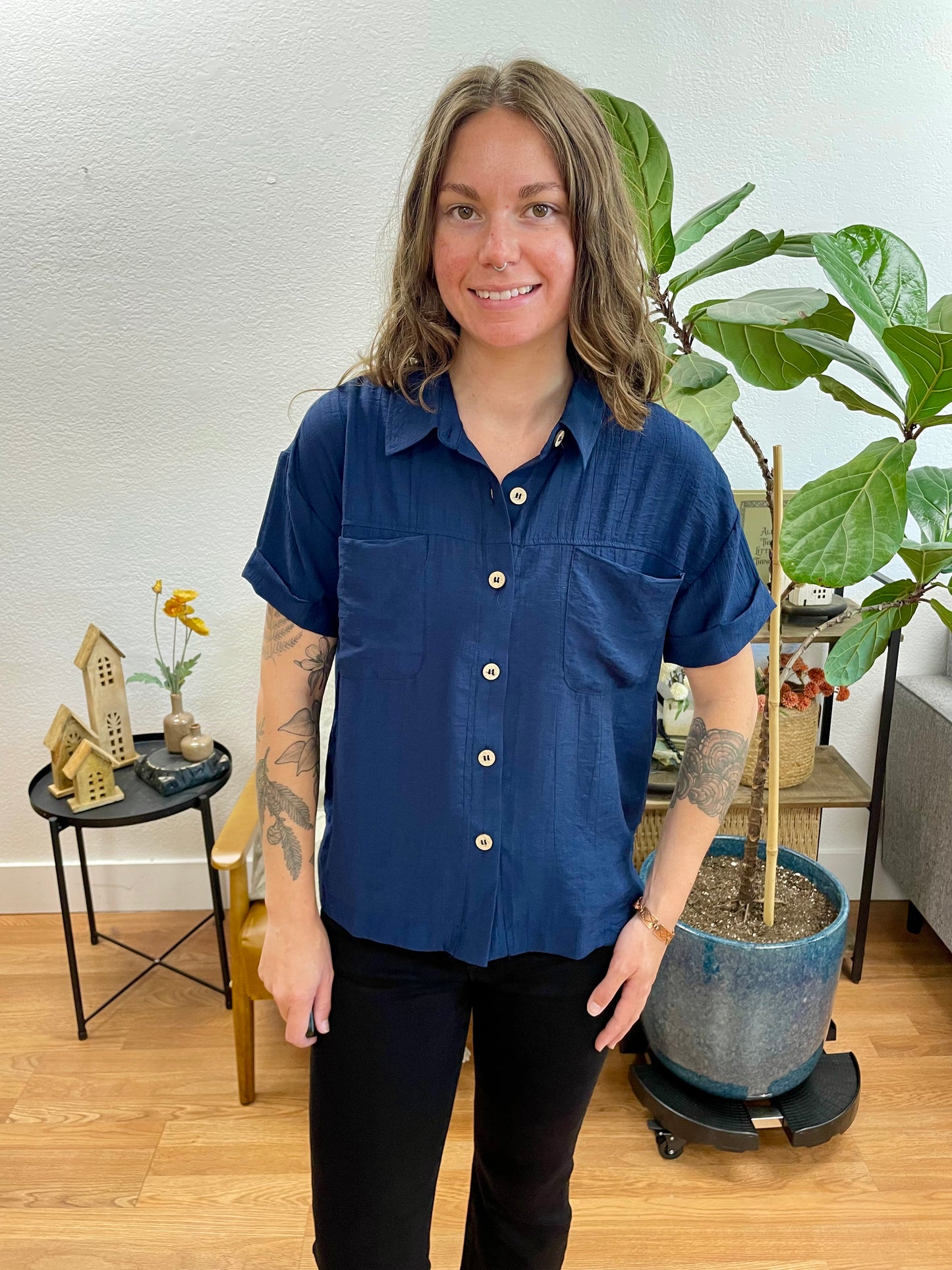 Navy Textured Button Down Top