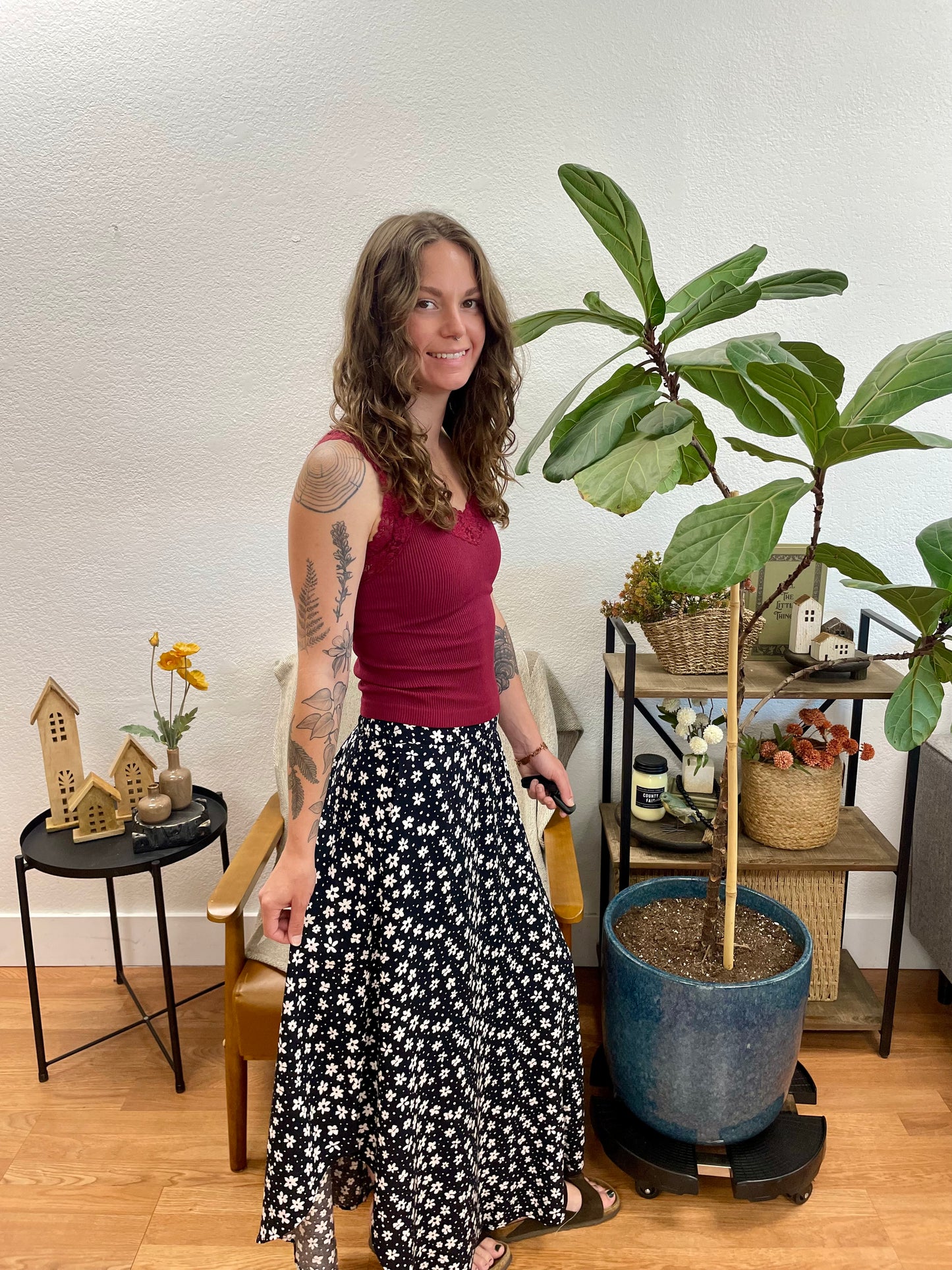 Black Smocked Floral Round Hem Skirt