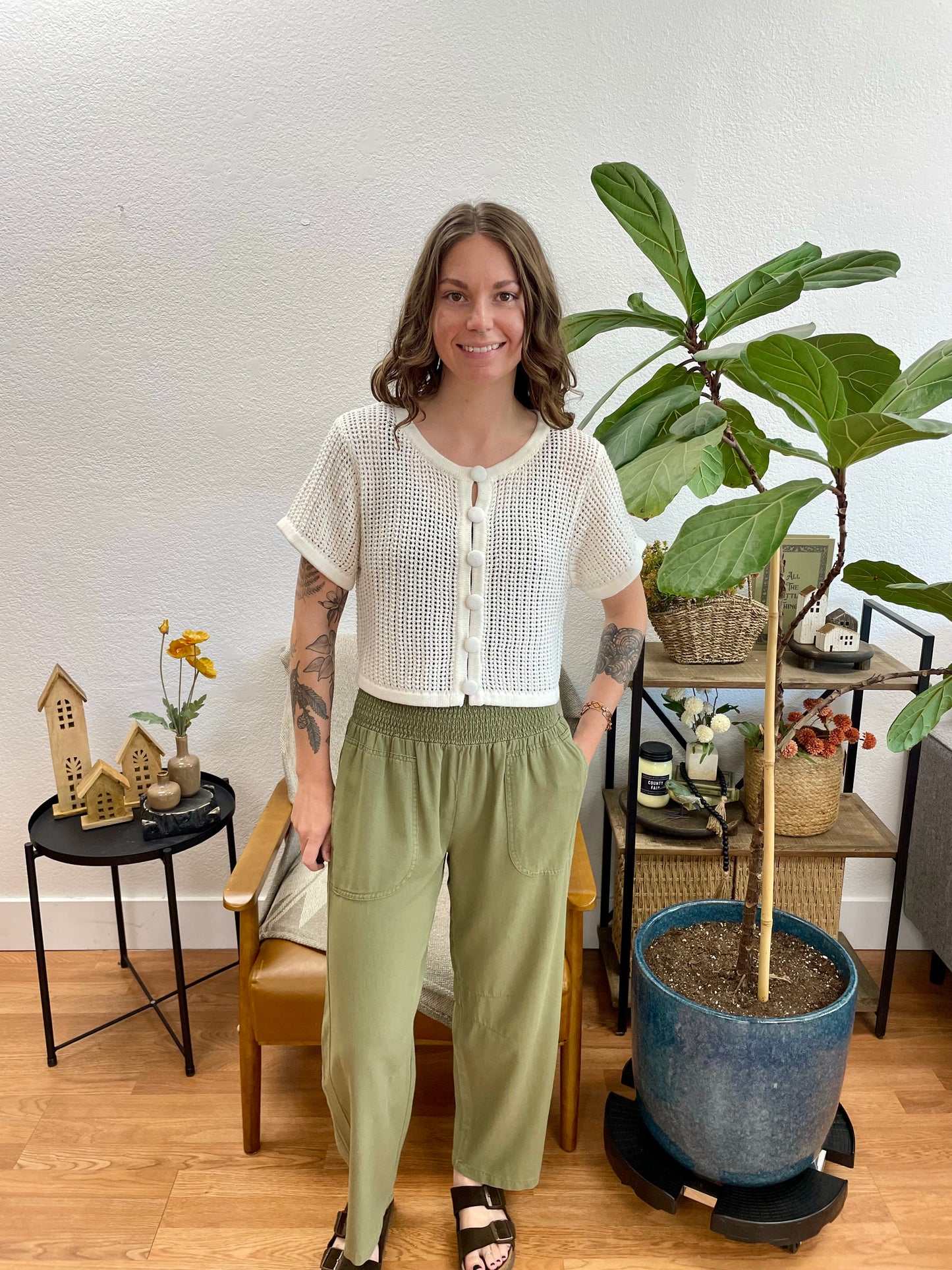 Olive Smocked Waist Relaxed Pants