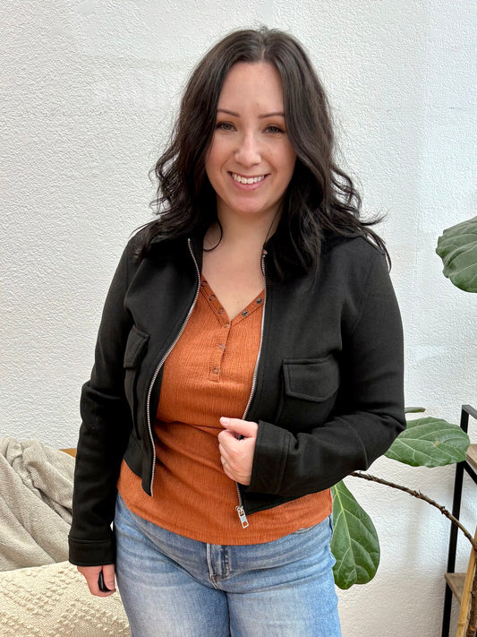 Black Flat Pocket Zip Up Jacket