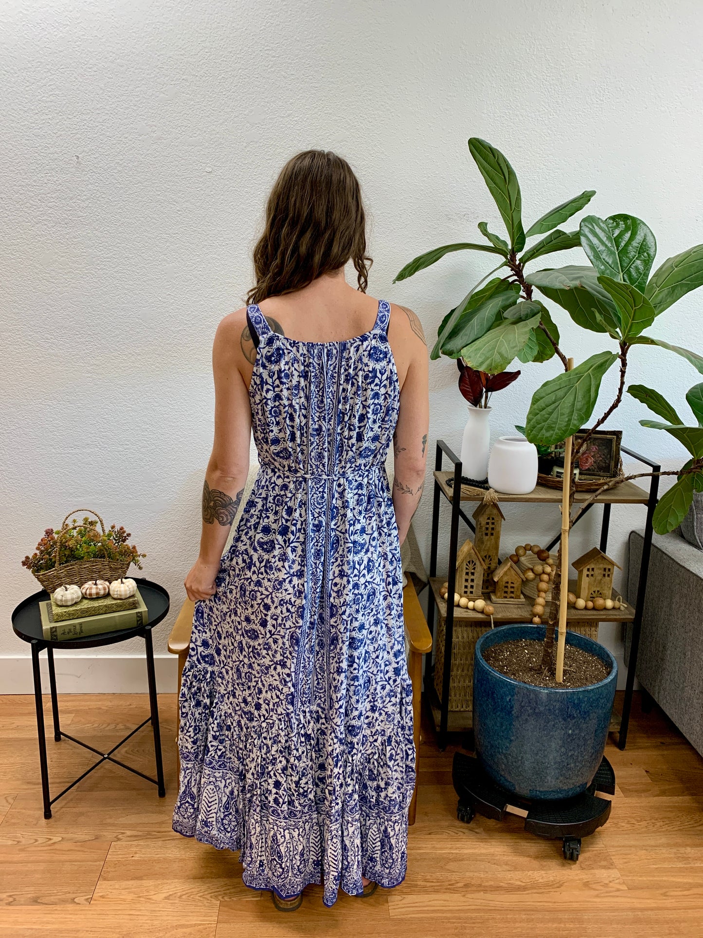 Blue Scoop Neck Floral Maxi Dress