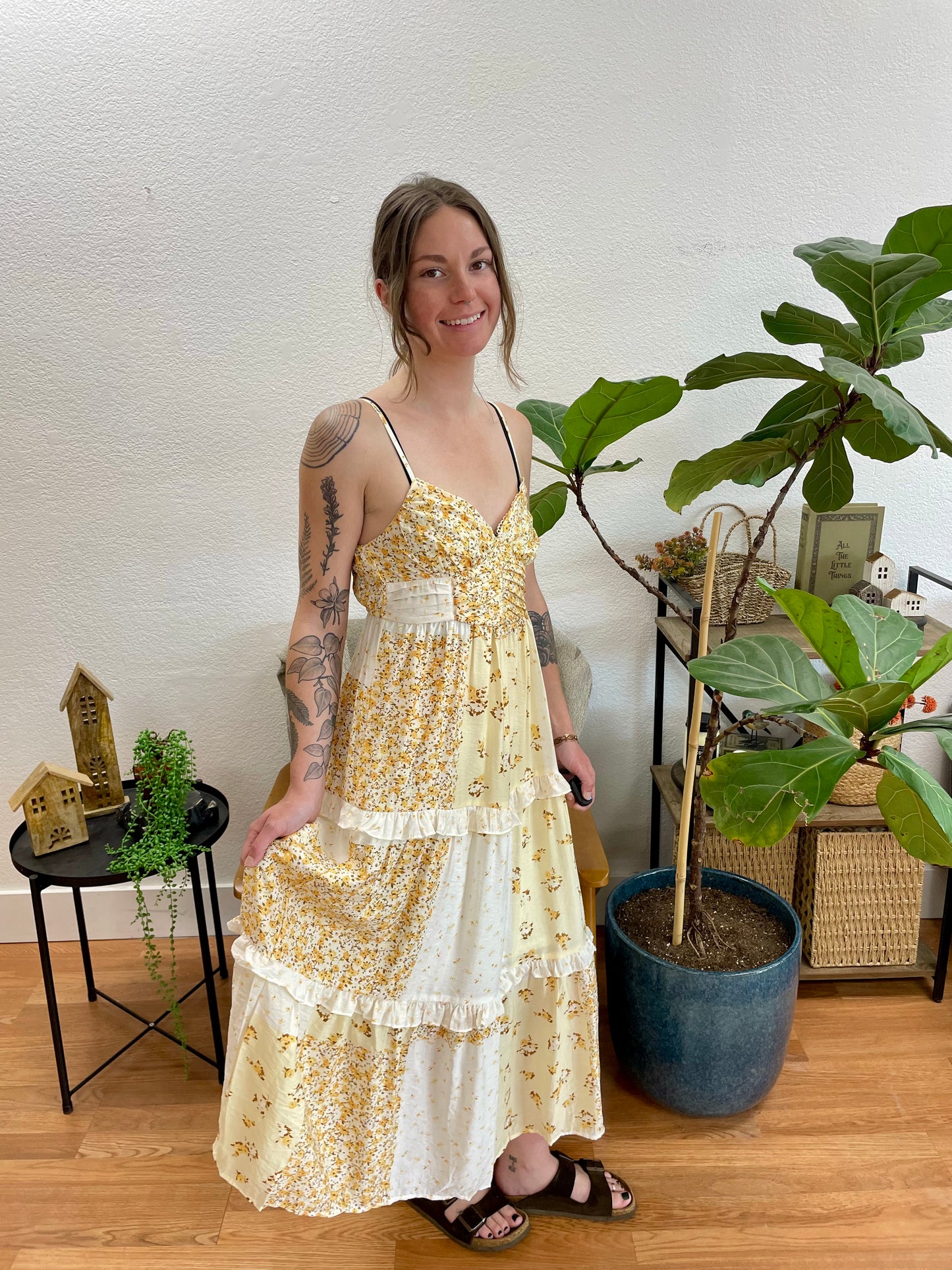 Butter Yellow Patchwork Midi Dress