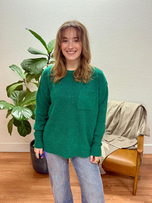 Hunter Green High Low Round Hem Sweater