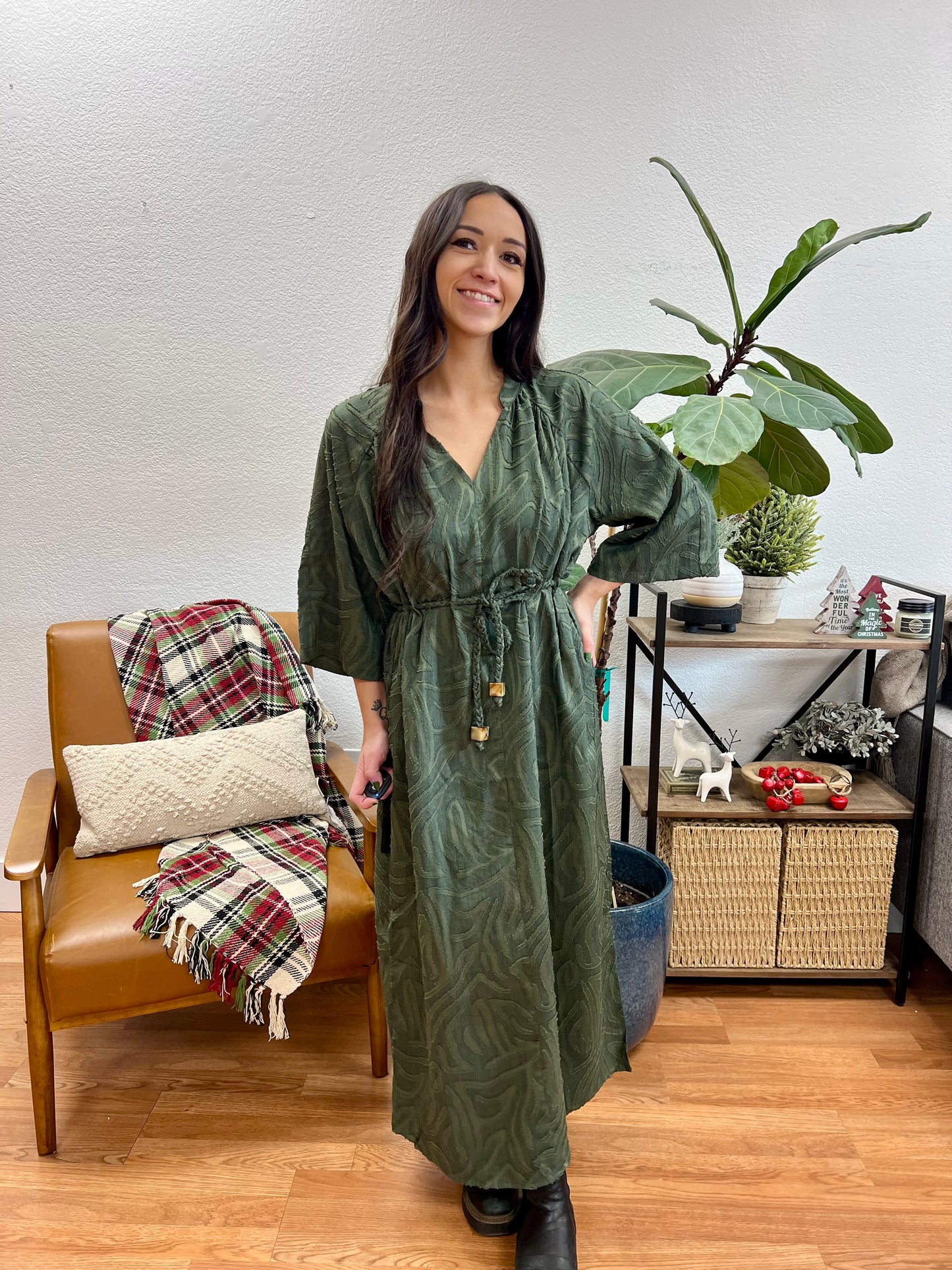 Olive Textured Midi Dress