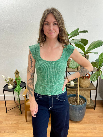 Forest Washed Ruffle Sleeve Top