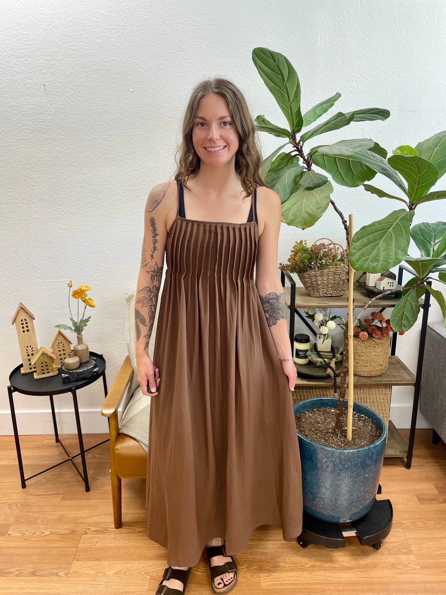 Brown Pintuck Midi Dress