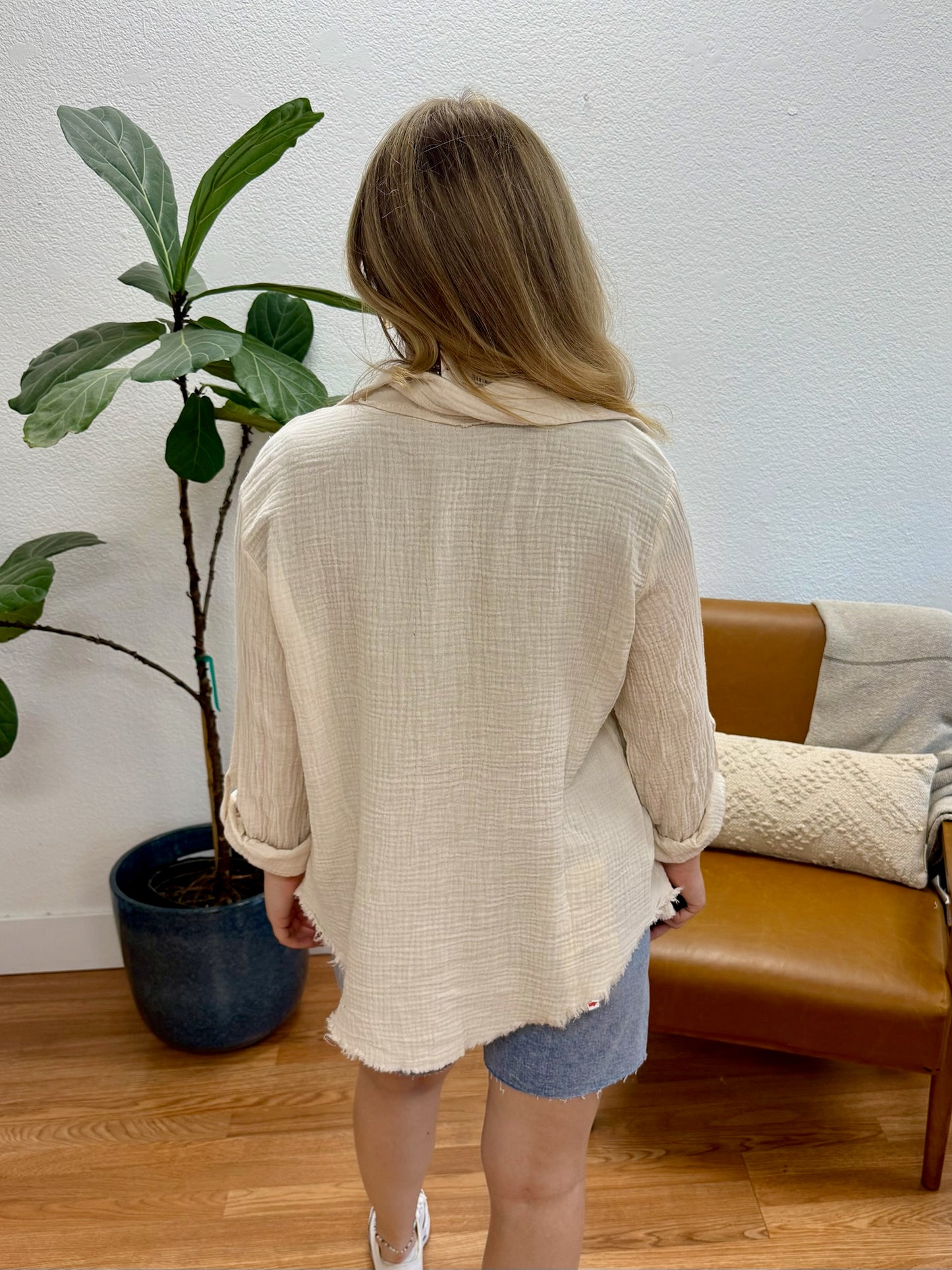 Sand Double Gauze Button Down Top