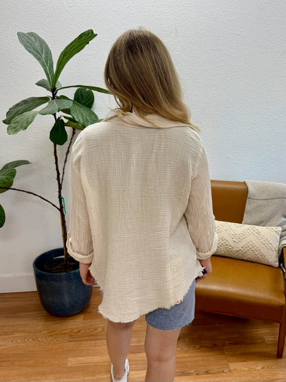 Sand Double Gauze Button Down Top