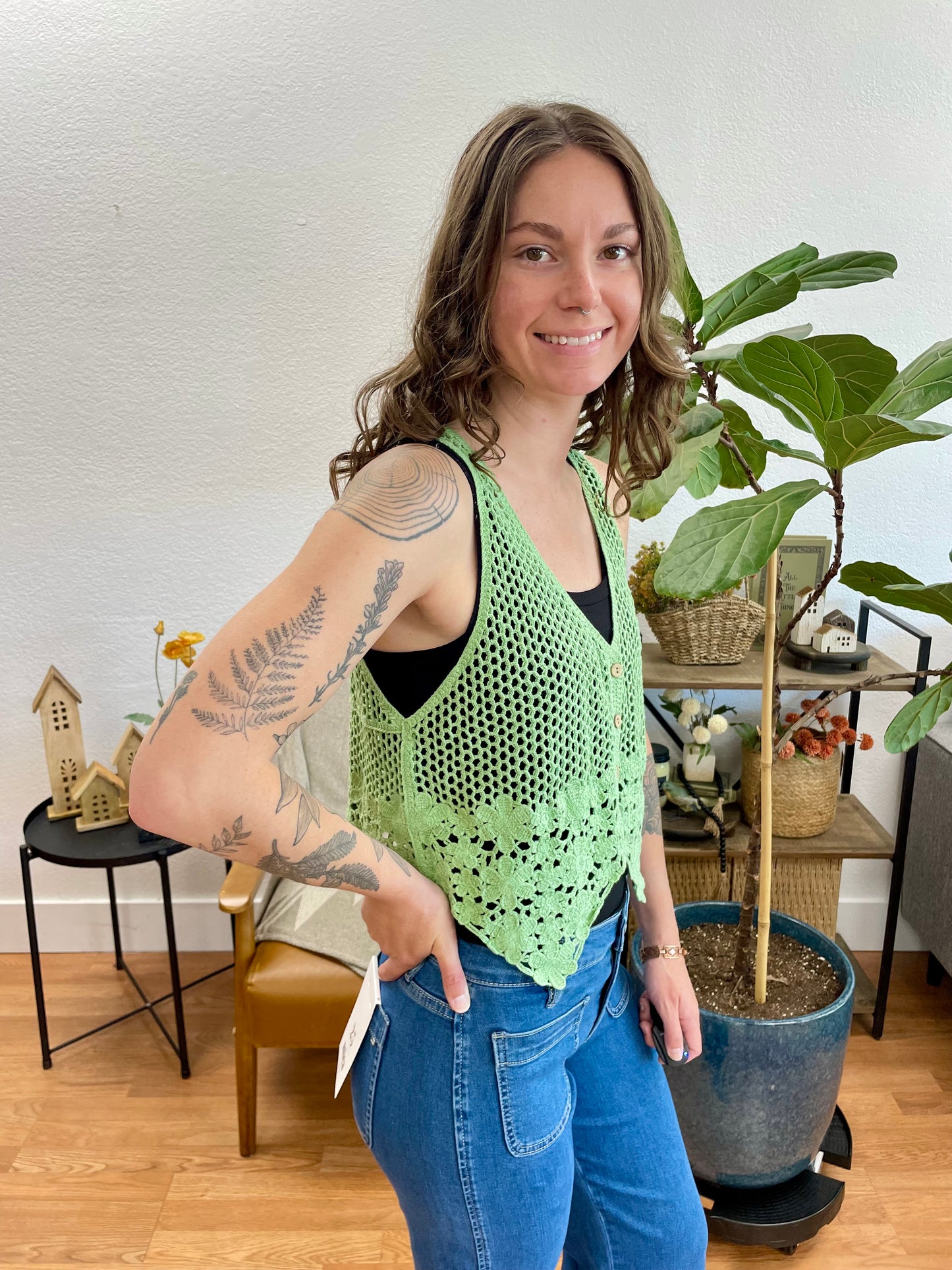 Sage Crochet Floral Vest