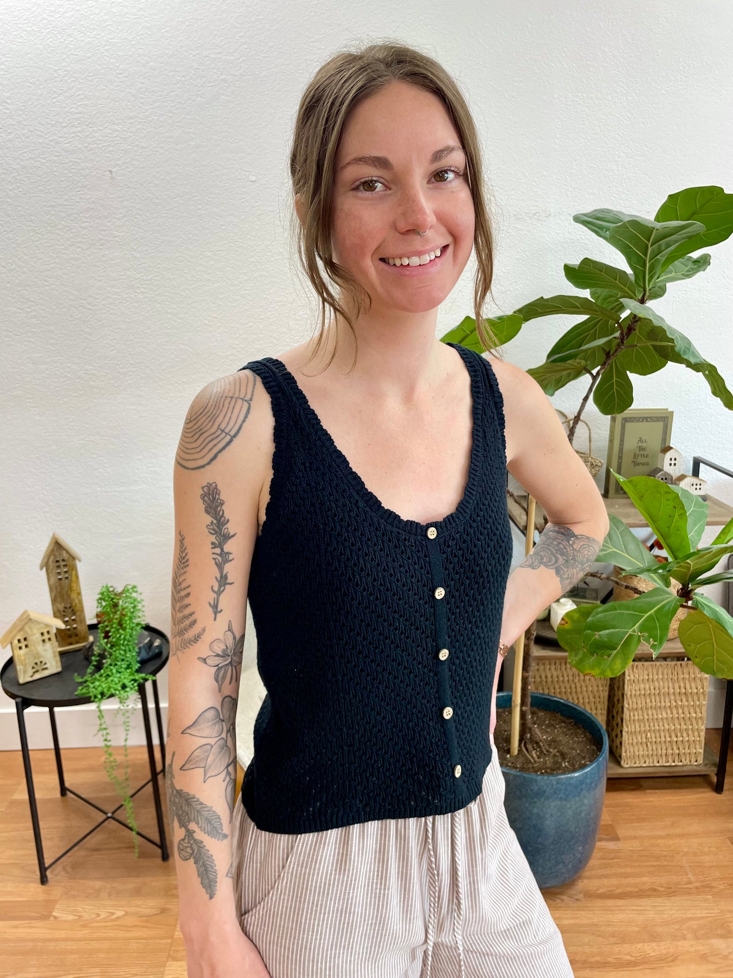 Black Knit Button Up Tank