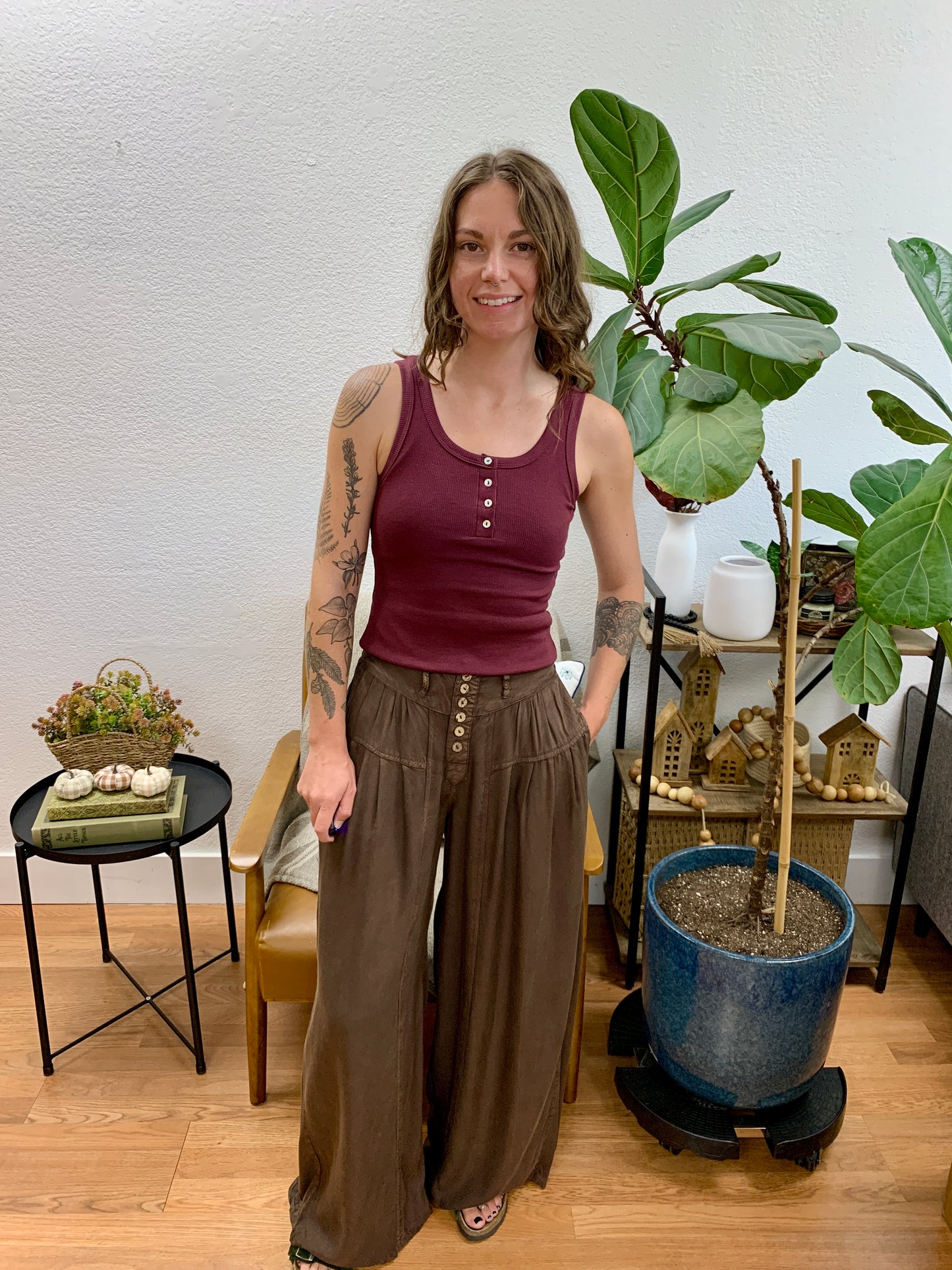 Brown Acid Wash Wide Leg Pants