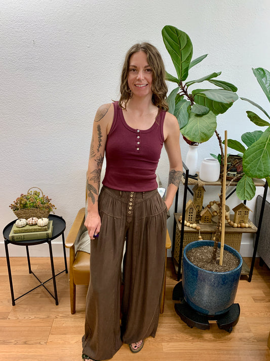 Brown Acid Wash Wide Leg Pants
