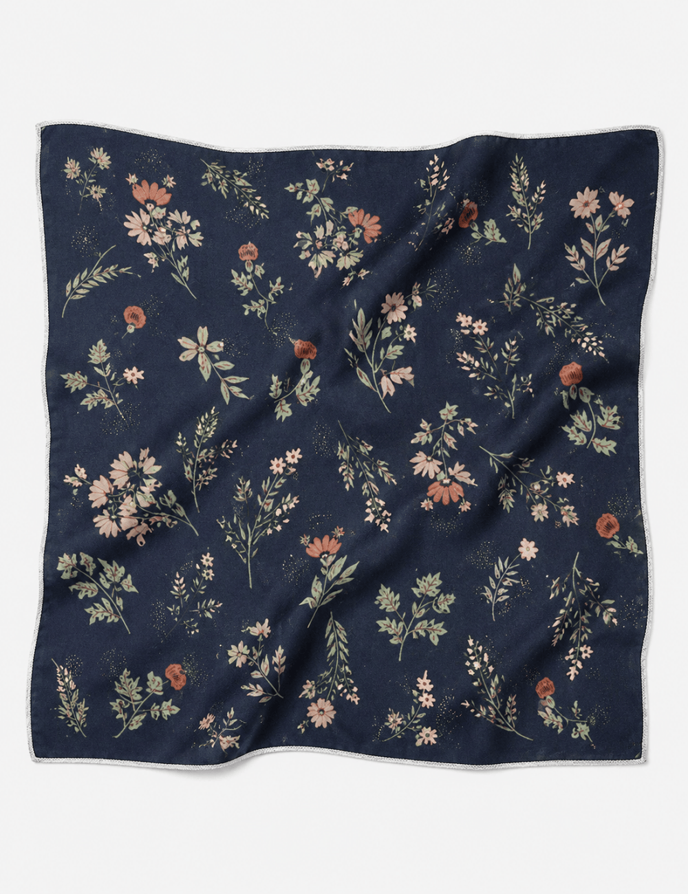Navy Floral Print Cotton-Linen Bandana Scarf