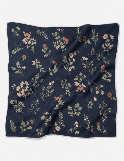 Navy Floral Print Cotton-Linen Bandana Scarf