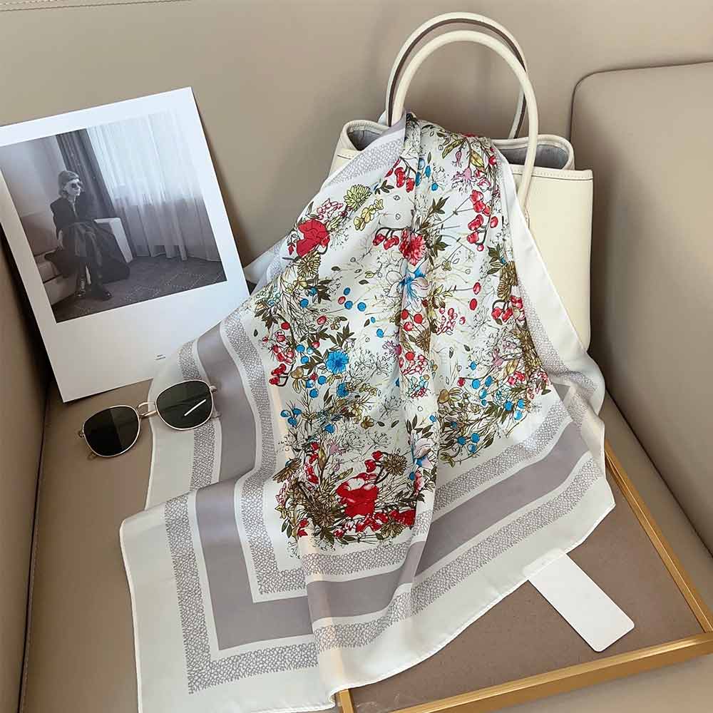 Wild Flower Garden Print Square Bandana Scarf: Gray