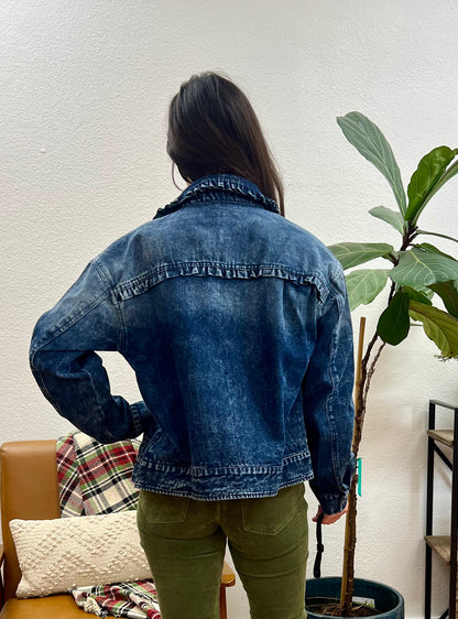 Denim Ruffle Collar Bomber Jacket