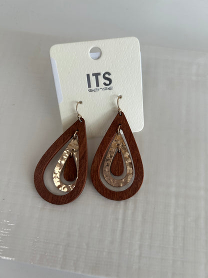 Layered Wood & Metallic Tear Drop Earrings