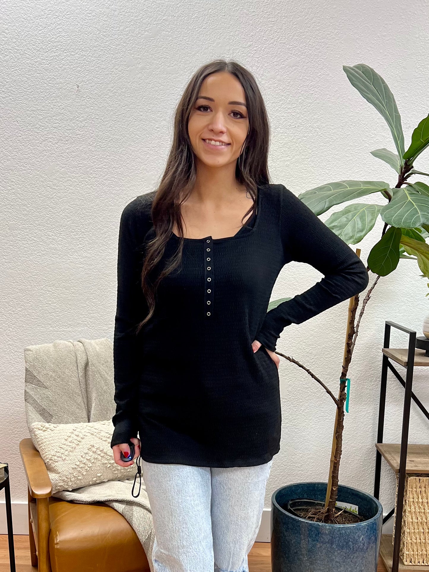 Textured Square Neck Long Sleeve