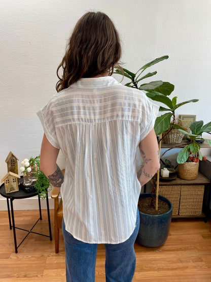 Sky Blue Striped half Button Collared top