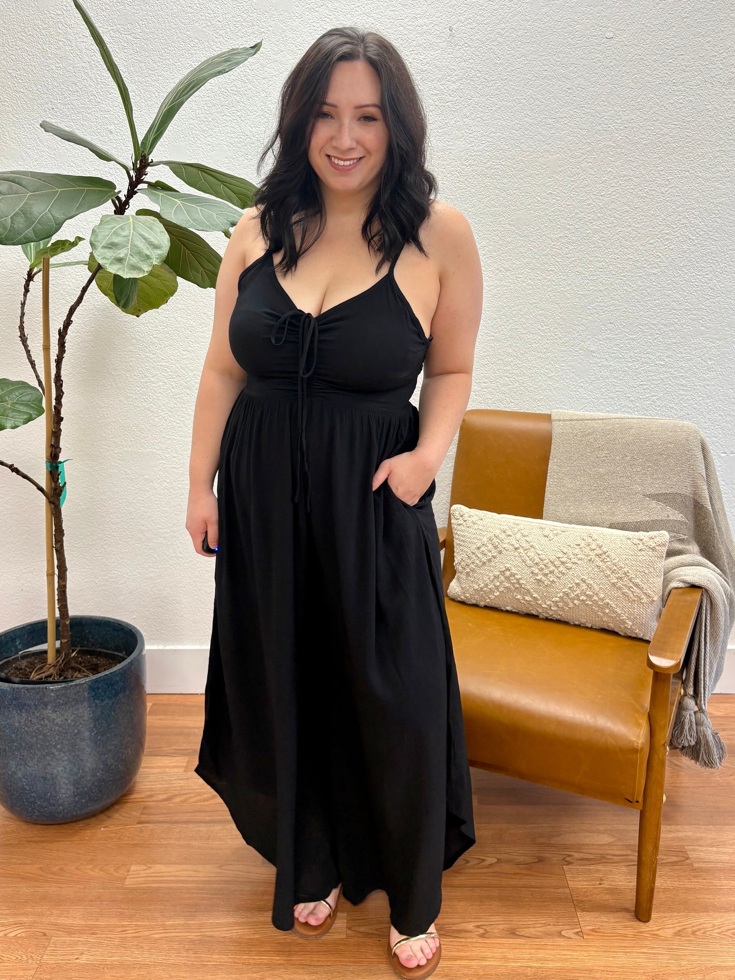 Black Solid Midi Jumpsuit