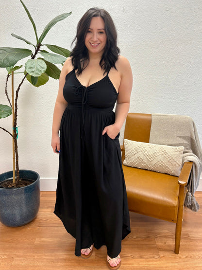 Black Solid Midi Jumpsuit
