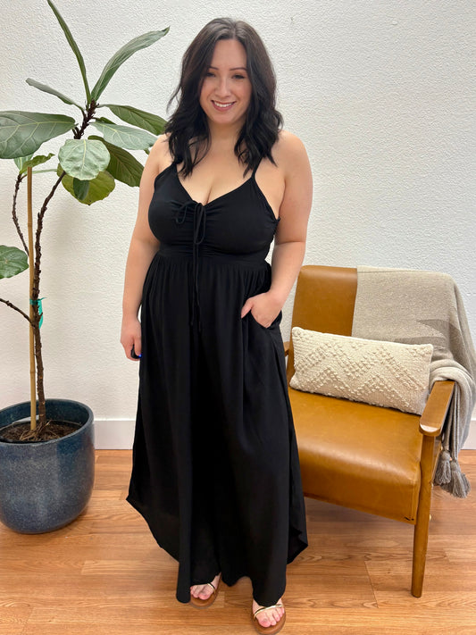 Black Solid Midi Jumpsuit