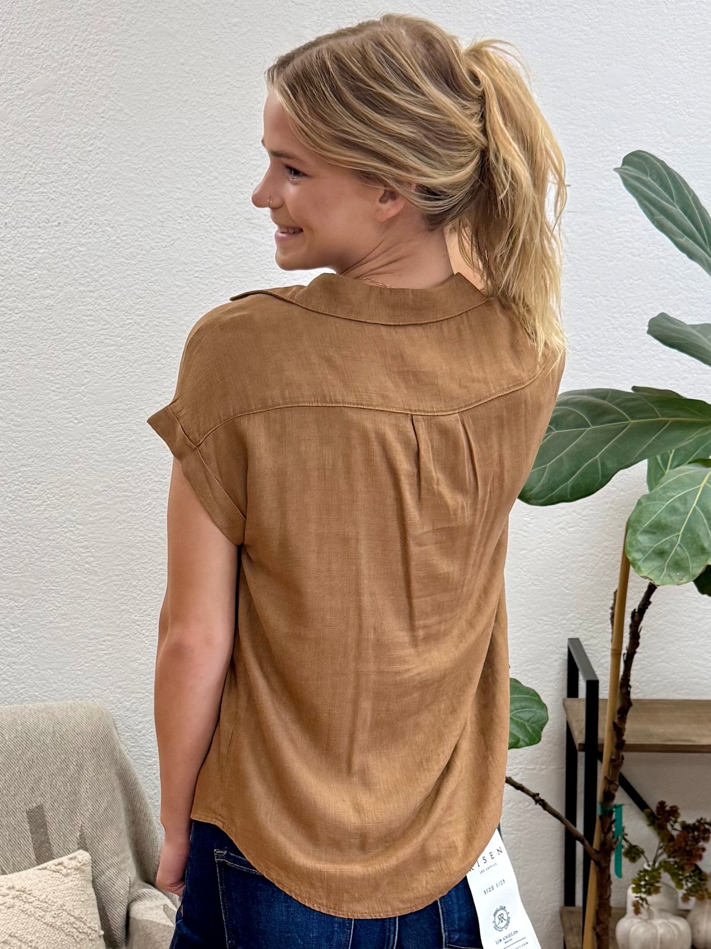Deep Camel Washed Linen Button Down Top