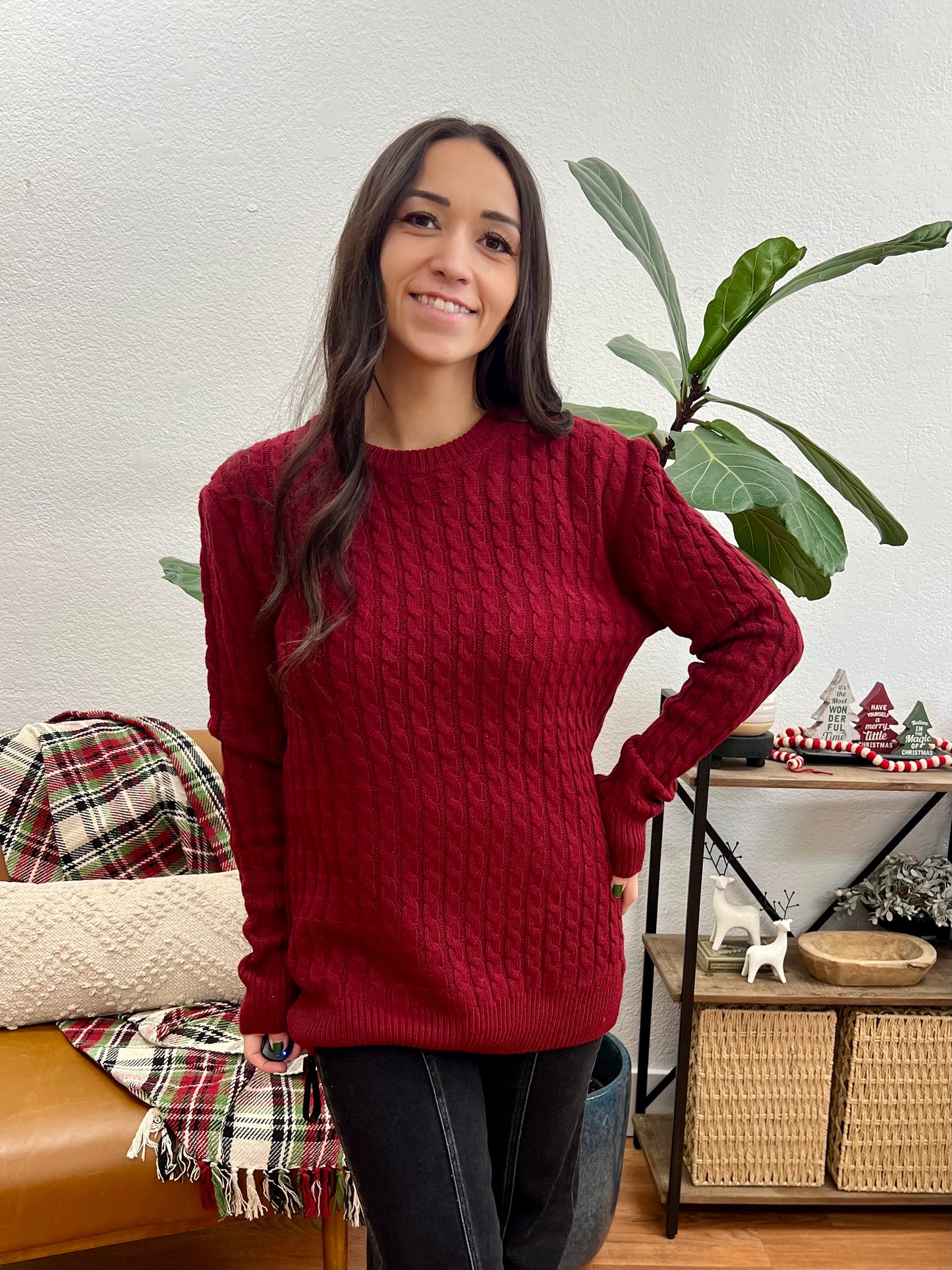 Red Round Neck Cable Knit Sweater
