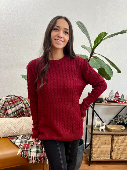 Red Round Neck Cable Knit Sweater