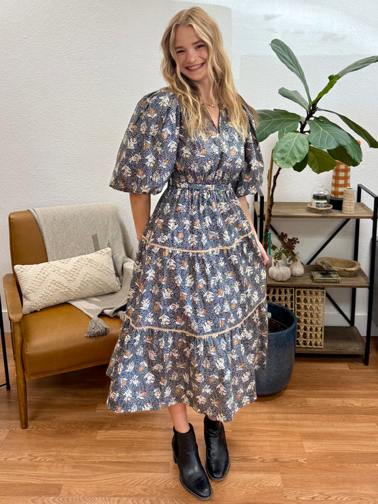 Black Floral Lace Trim Midi Dress
