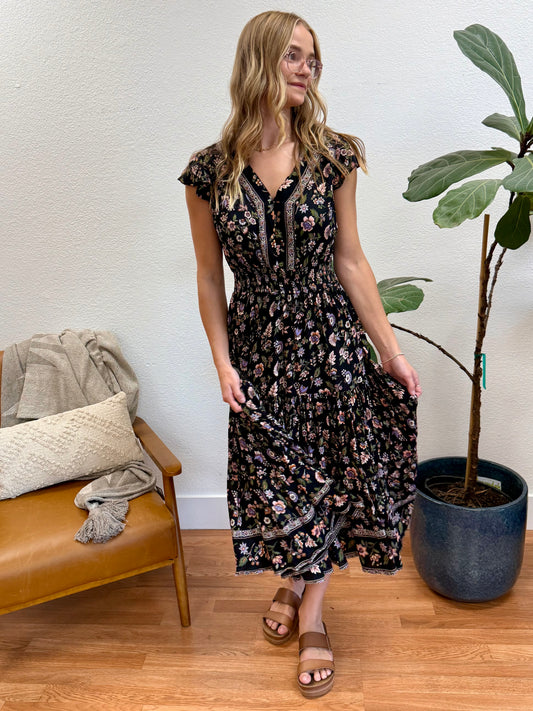 Black V-Neck Midi Dress