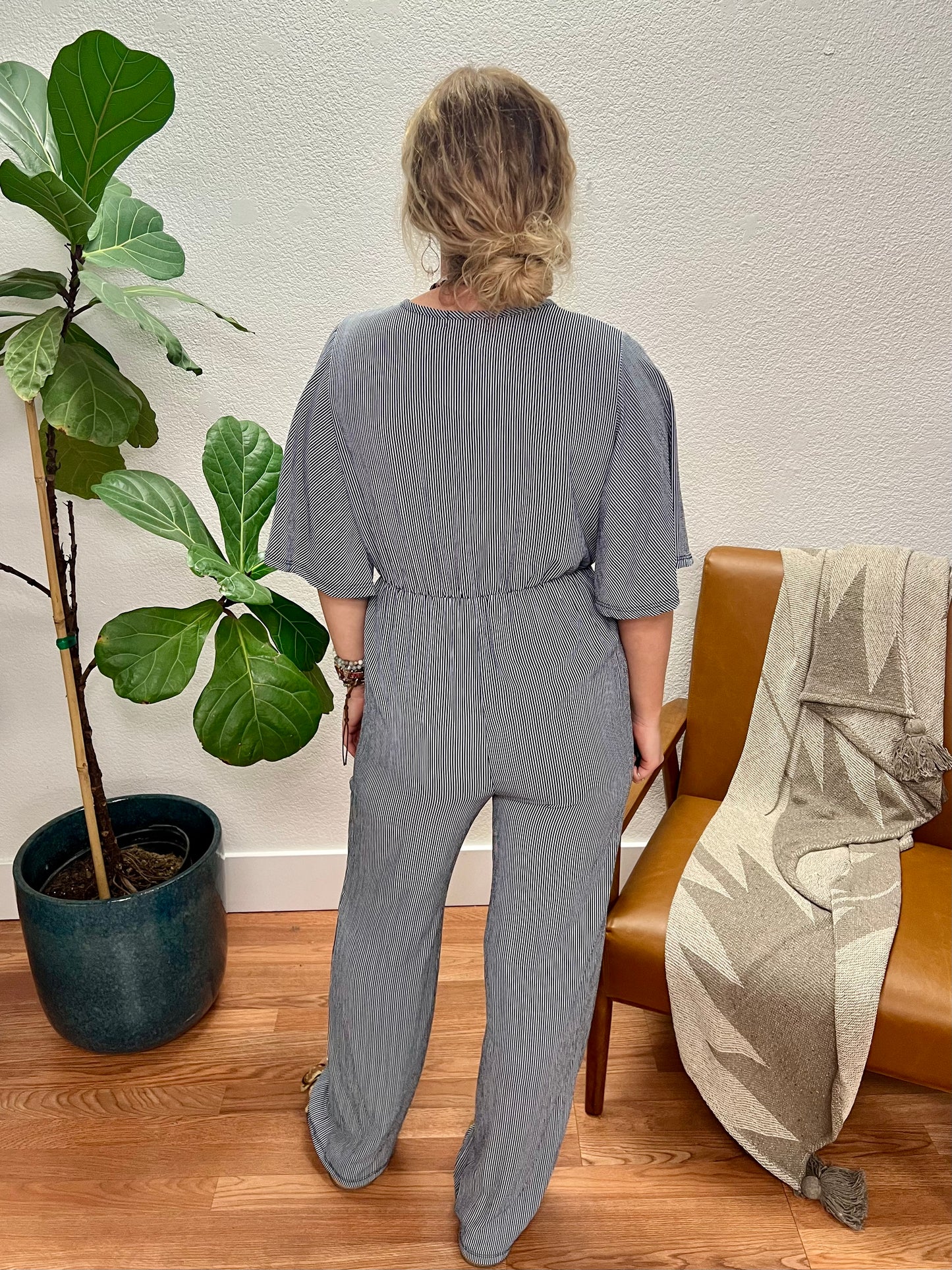 Navy Stripe Bell Sleeve Jumpsuit