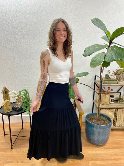 Black Smocked Waist Tiered Maxi Skirt - Terra Cottage
