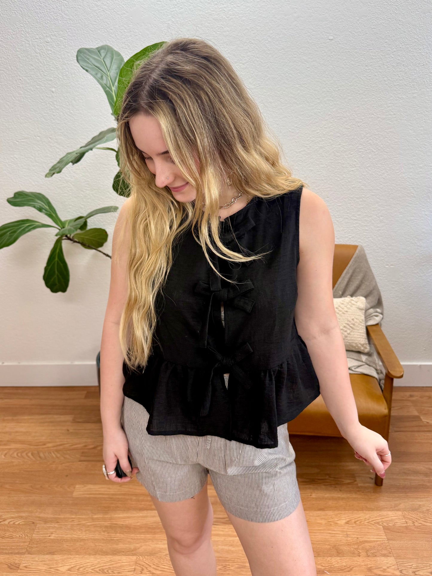 Black Bow Tie Linen Tank