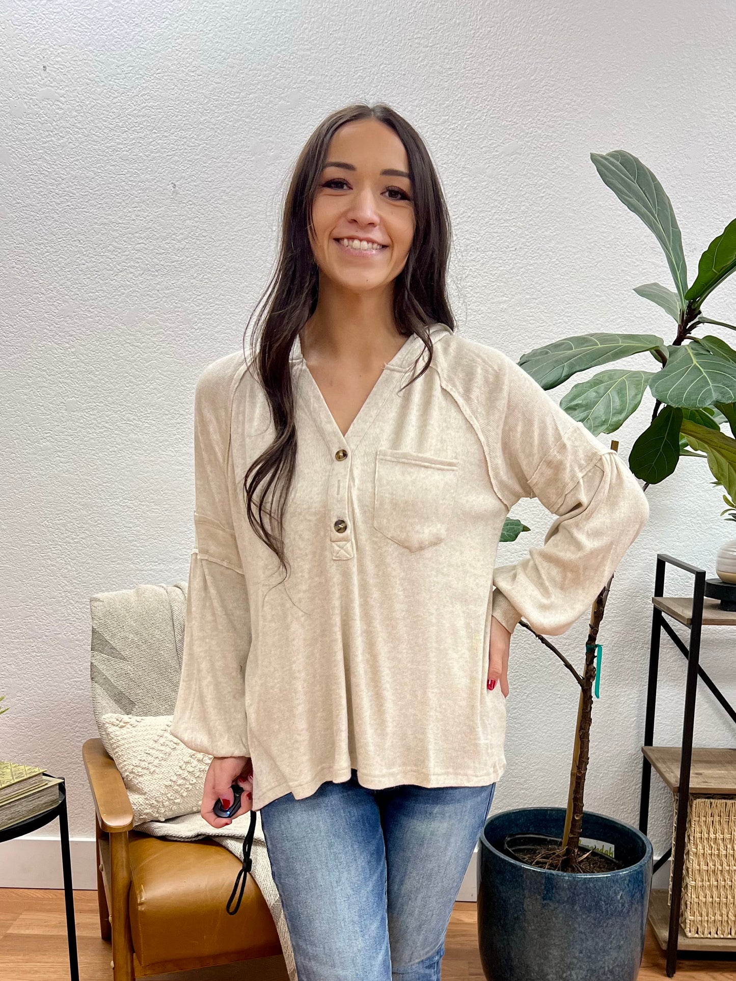 Oatmeal Knit Henley Hoodie